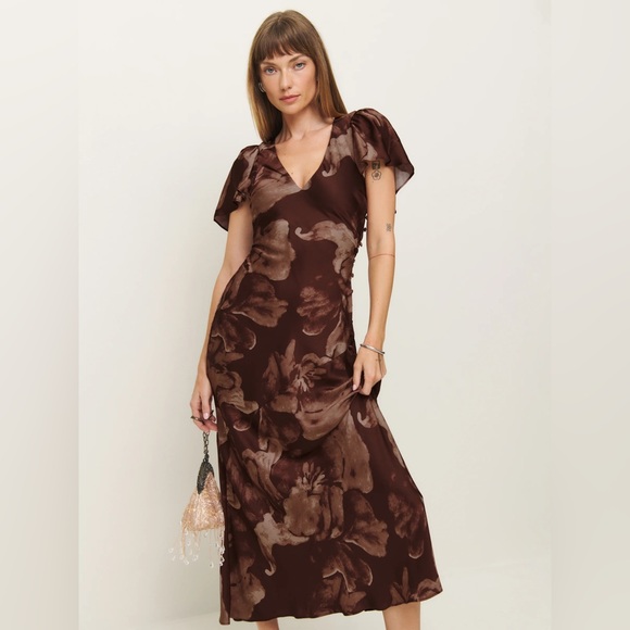 NEW Reformation Vida Long Satin Dress in Siena Brown Floral | size US 4 - Picture 4 of 14